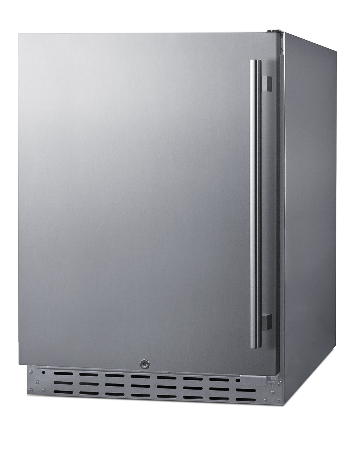 Built-in undercounter ADA-compliant all-refrigerator for outdoor use featuring a stainless steel exterior and digital controls